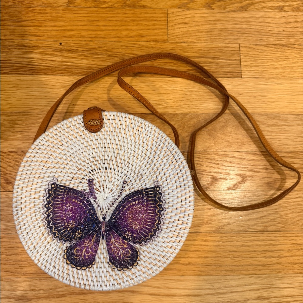 Handcrafted White and Purple Butterfly Rattan Bag